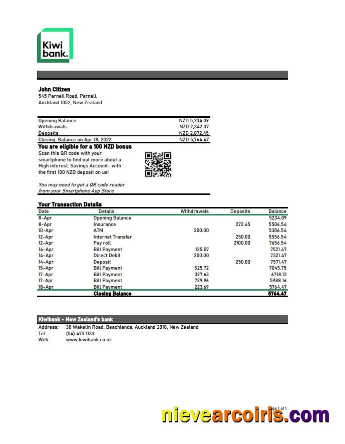 New Zealand Kiwibank statement xls